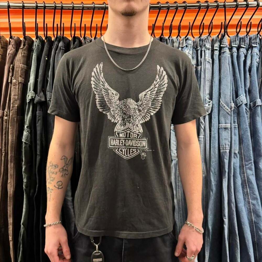 Vintage 80s Harley Davidson Eagle Biker T-Shirt - Single Stitch, Faded Black